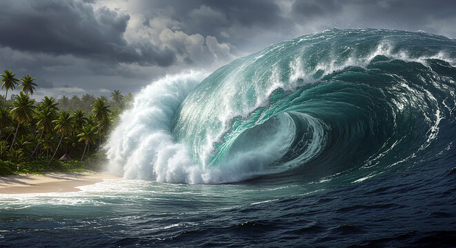 A powerful tsunami wave approaching the coastline under a stormy sky, rendered in realistic detail.