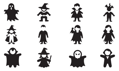  Set of Halloween costume kids silhouette icon character, spooky, fun, children, vector art.