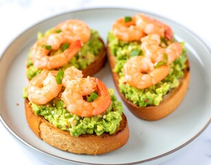 Toasted bread topped with avocado and shrimp