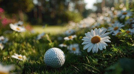 Golf ball rests in grassy field amongst daisies, sunlight