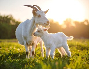Obraz premium A mother goat and her kid stand in a sunlit pasture