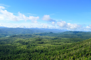 Naklejka premium Mountain view (Pha Man, Pha Daeng) and sky in rainy season at Mae Ta Krai National Park, Chiang Mai, Northern Thailand.