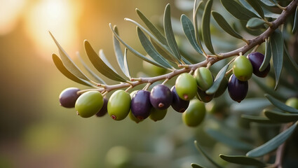 Olive Tree Branch with Ripening Olives and Slender Gray-Green Leaves in Mediterranean Light