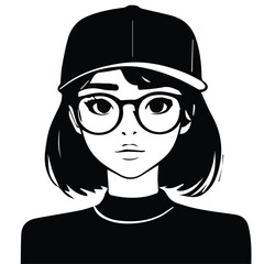 Young woman in a black baseball cap and glasses, wearing a turtleneck sweater, standing in a neutral setting. Stylish, fashionable, and cool persona in a minimalist style.