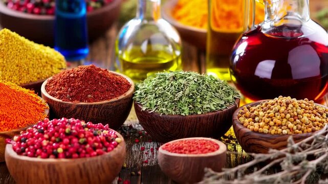 Vibrant Spices & Herbs: A Culinary Delight! Aromatic powders, oils, and dried leaves in wooden bowls.  Close-up view of colorful ingredients.