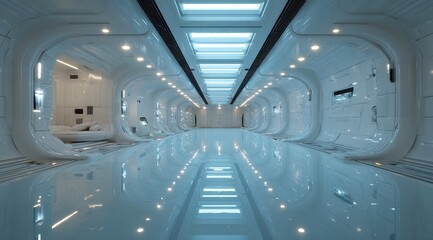 Sleek, white futuristic corridor with glowing lights and reflective floor