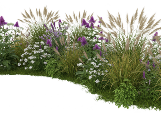 Mixed garden border with purple and white flowers and ornamental grass isolated on transparent background