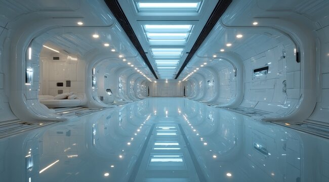 Sleek, white futuristic corridor with glowing lights and reflective floor