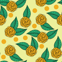 Seamlessly Patterned Rose Flowers with Leaves and Polka Dots. perfect for artistic and decorative design applications.