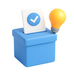3D suggestion box icon with white check-mark card and yellow light bulb, idea and feedback concept isolated on transparent background