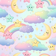 Whimsical seamless pattern with magical items - smiling stars, sleepy moons, rainbow clouds and sparkles, soft vector art, pastel colors.