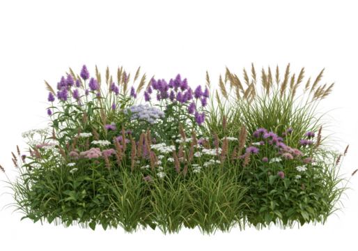 Lush garden planting with various flowers and grasses isolated on transparent background