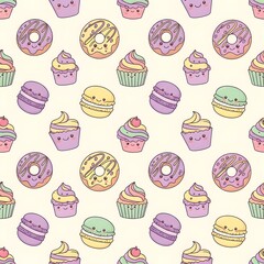 Cute seamless vector pattern of desserts - cupcakes, donuts, macarons, cakes with kawaii faces, rainbow sprinkles, soft colors, flat vector style.