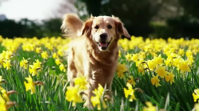 Golden Retriever Running Through A Vibrant Daffodil Field On Sunny Day