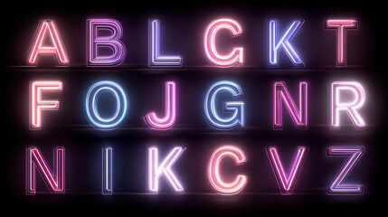 alphabet letters and numbers neon lights glowing font 