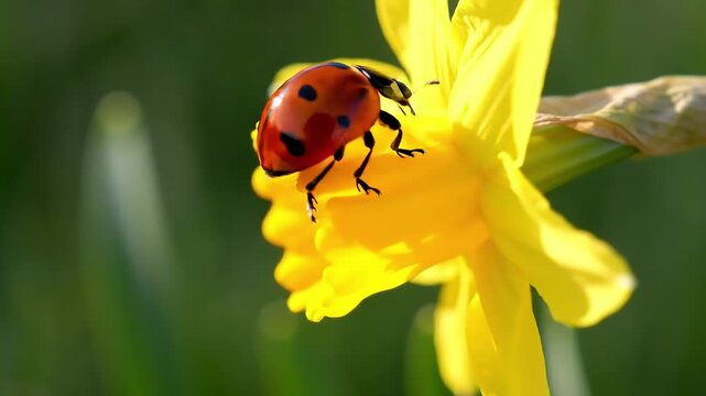 Ladybug Resting On A Vibrant Yellow Daffodil In Gentle Sunlight