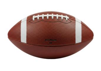 A close-up of a classic brown football with white stripes, isolated on a plain background