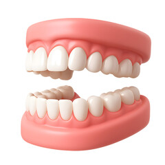Obraz premium 3D white teeth icon with open upper and lower jaw and realistic pink gums, isolated on transparent background