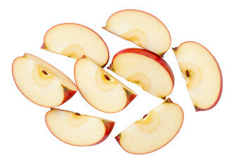 Freshly sliced red apples arranged artistically on a white background, showcasing their juicy interior