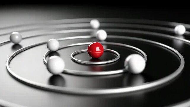 Striking red sphere stands out amidst a dynamic spiral pathway with multiple white spheres, symbolizing focus and achievement in a modern, abstract concept.