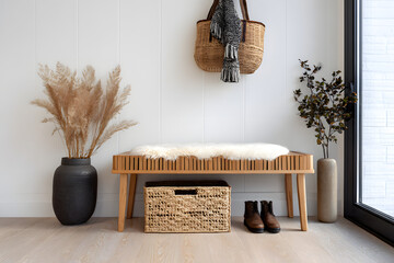scandinavian entryway, a modern scandinavian entry with a stylish bench, practical storage, minimalist design, and natural textures for a welcoming vibe