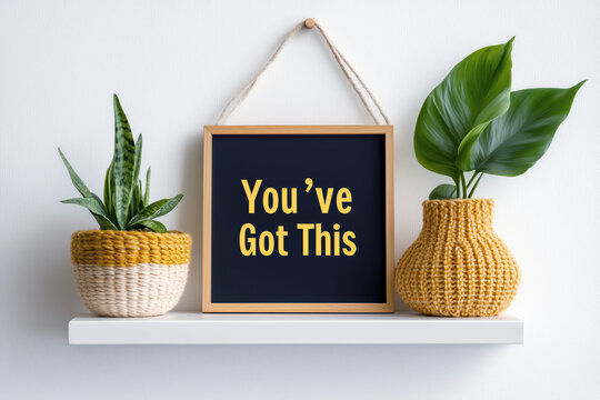 Inspirational framed quote reading you&rsquo;ve got this with indoor plants in knitted pots on a floating shelf in modern cozy home interior