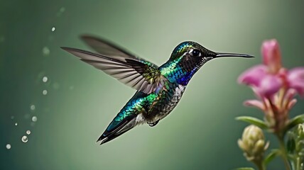 Fototapeta premium Close up of a vibrant hummingbird hovering near a pink flower with a soft green background blur