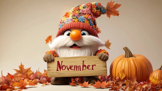 Cute gnome with colorful hat holding November sign among pumpkins and autumn leaves on beige background