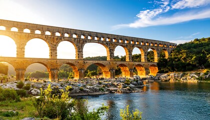 Naklejka premium Ancient stone bridge at sunset over a river