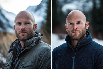 A rugged bald male with a beard stands in a stunning natural landscape, exuding confidence and resilience against the backdrop of snow-capped mountains.,contrast, comparison