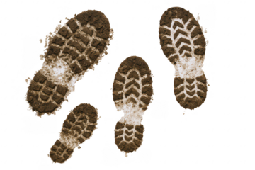 Multiple Muddy Footprint Impressions Showing Tread Patterns from Hiking Boots on an Isolated Surface