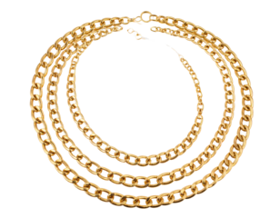  Flat-Lay Golden Chain Necklace with Interwoven Links, Elegantly Coiled in Circular Shape, Isolated on Transparent Background