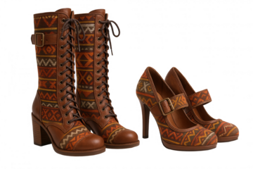 Stylish Women's Footwear Featuring Intricate Geometric Patterns and Rich Earthy Tones, Including Lace-Up Boots and Mary Jane Heels