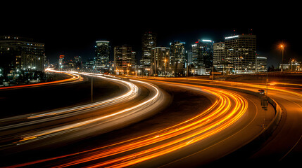 Fototapeta premium Long exposure of city lights capturing the dynamic pace of urban life.