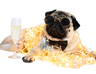  Cool Pug Reclining in Tuxedo with Sunglasses and Christmas Lights, Festive Pet Portrait, Isolated on White