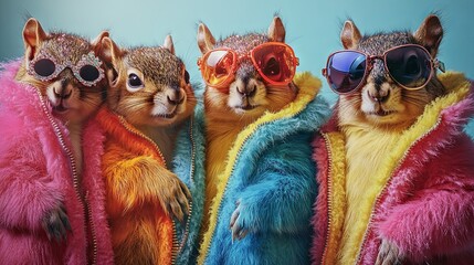 Edgy animal concept featuring a gang of squirrels dressed in sparkling neon punk rock outfits, set with space for text — perfect for commercial, editorial ads, or party invitations