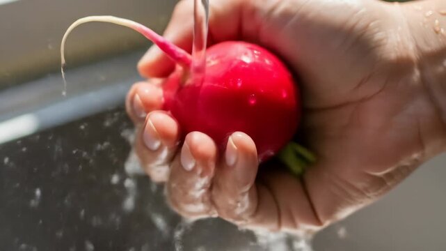 Washing fresh radish under running water in hand close-up