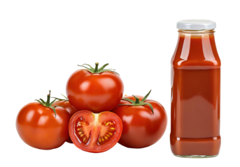 Fresh ripe tomatoes with bottle of pure tomato sauce isolated on white background for cooking
