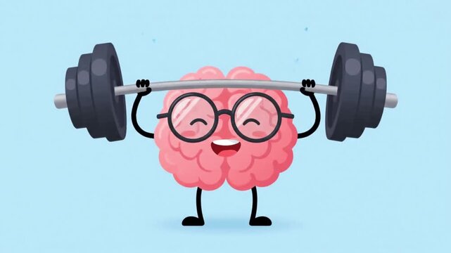 Cute cartoon brain character wearing glasses lifting heavy barbell with sweat drops. Mental fitness, brain training, and intelligence workout concept.