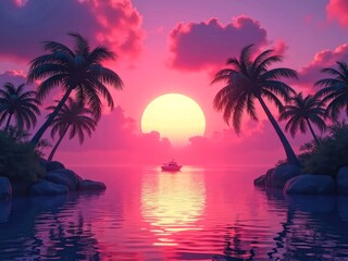 Boat at Sunset Near Palm Trees on Tranquil Tropical Wate