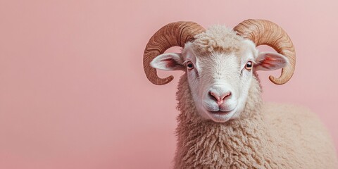 Studio shot of a ram sheep posing on a pink background