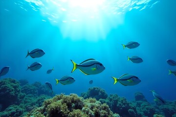 Fototapeta premium Tropical Fish Swim Near Coral Reef in Sunlit Blue Ocean
