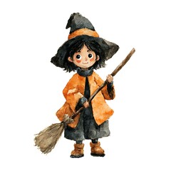 Obraz premium Adorable watercolor illustration of a young witch with a broomstick isolated on white background