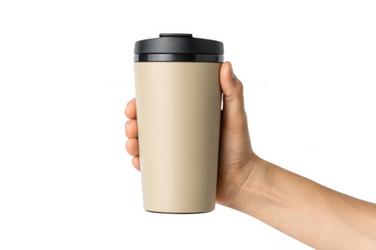 Hand holding a beige travel mug isolated on transparent background