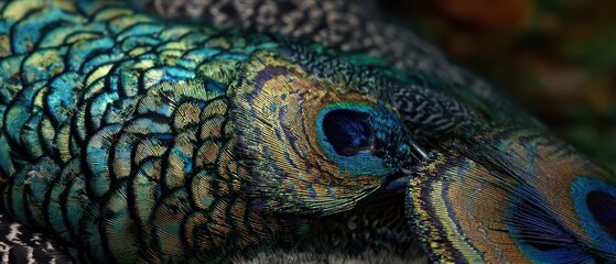 Obraz premium The Vibrant Iridescent Feathers of a Stunning Peacock Up Close