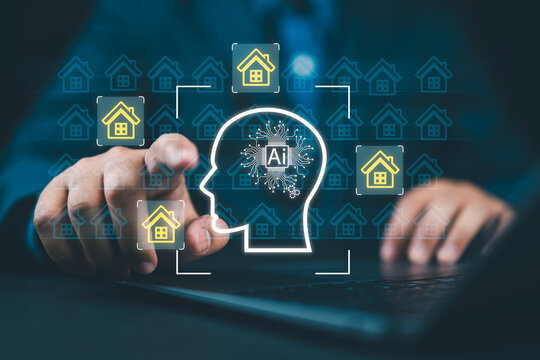 AI-powered automated real estate analytics and property valuation. Intelligent property management and AI-powered property investment. Man using laptop.