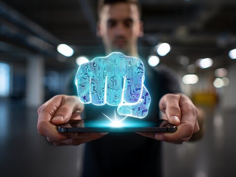 Man holding a holographic projection of a glowing blue brain with intricate circuitry and data streams