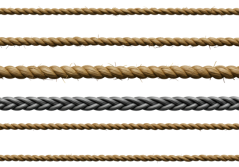 Various types of ropes displayed in a row, showcasing textures and colors for design use