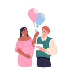 Pregnant woman and partner at baby gender party. Vector infant expecting couple at celebrating future child. Announcement and surprise event with blue and pink balloons. Family and parenthood, love.
