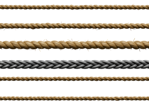 Various types of ropes displayed in a row, showcasing textures and colors for design use - Powered by Adobe